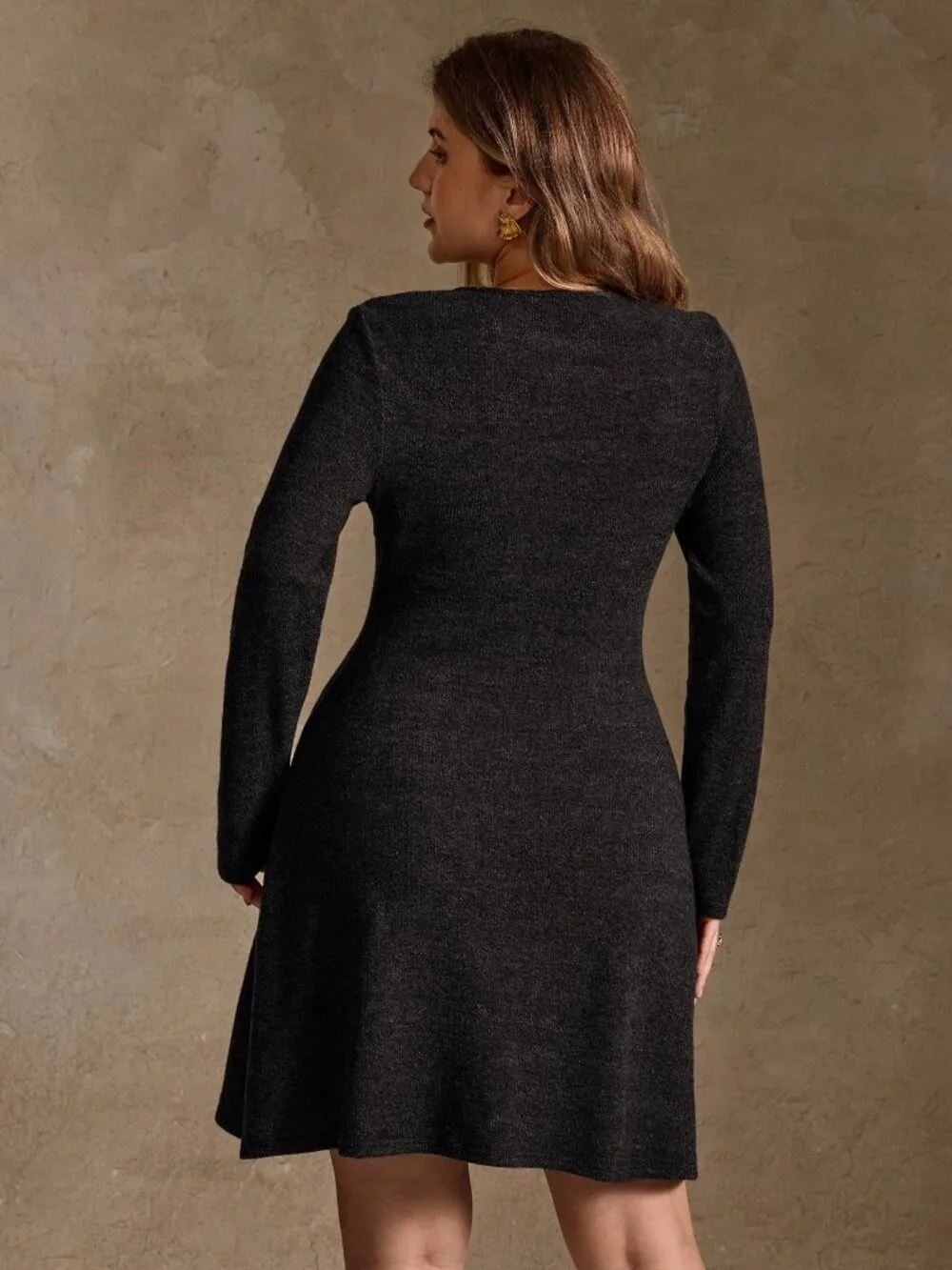 Black Elegant Women's Plus Size Ribbed Knit Metal Button Casual Dress